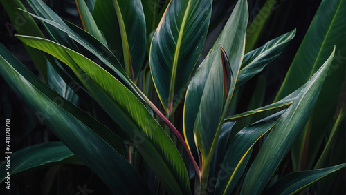 Bird of Paradise leaves with soft detailed texture Natural abstract delicate shapes and fluid lines Emphasized leaf edges against blurred background Deep green shades