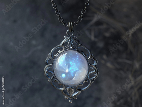 3d render of a necklace with an ethereal glowing moonstone pendant