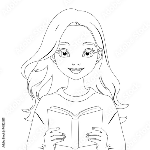 Vector outline illustration, coloring page of a cute cartoon girl holding a book in her hands.