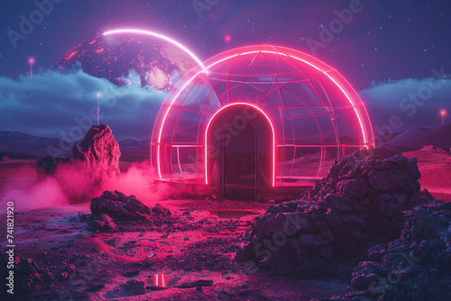 3d render of a neon lit space habitat with a biodome photo