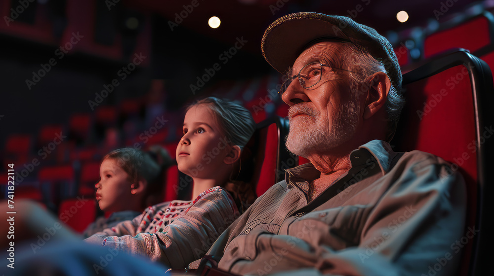 Grandfather with his grandchildren at a movie