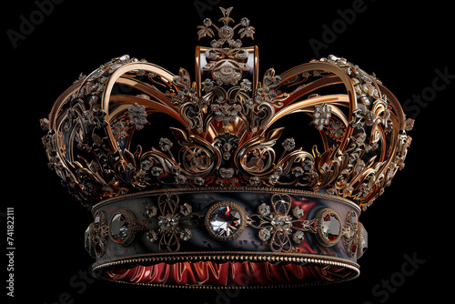 3d render of a royal crown with detailed engravings and precious gem inlays photo