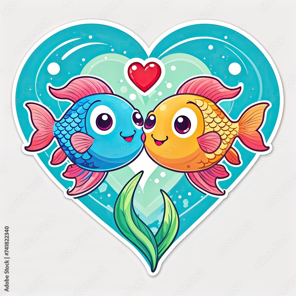Two fish sharing a sweet smooch on a heart-shaped sticker Two fish sharing a sweet smooch on a heart-shaped sticker
