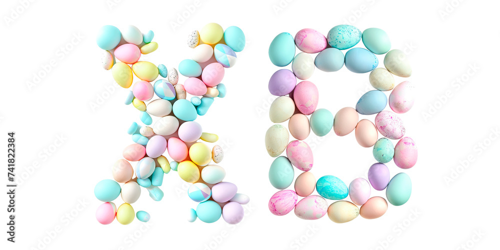 XB is russian orthodox easter symbol made from multicolored made of colorful Easter eggs on transparent PNG. Christ is risen.Happy Easter Typography Sign. Russian cyrillic flowers lettering