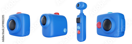 Set blue action camera in bright cartoon 3d style. Cute modern minimal vector illustration.