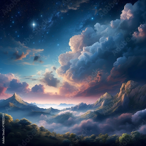 Night sky over the mountains, fantasy landscape. © volgariver
