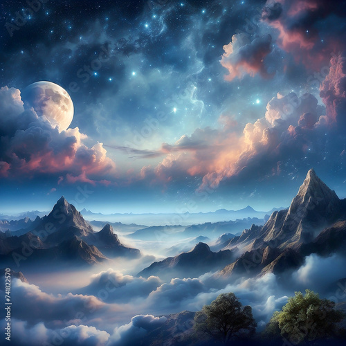 Night sky over the mountains, fantasy landscape. © volgariver