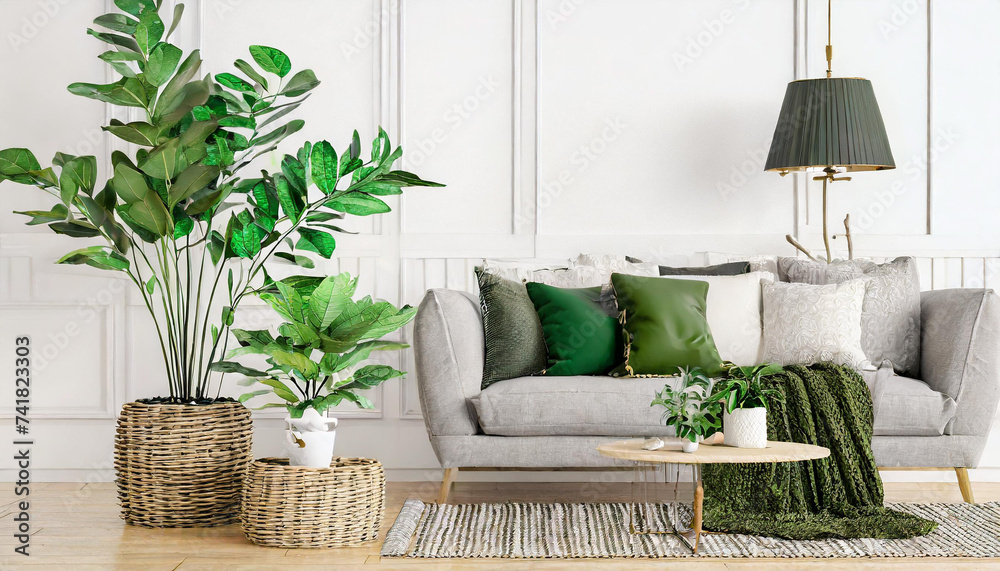 Living room interior with gray velvet sofa, pillows, green plaid, lamp and fiddle leaf tree in wicker basket on white wall background. 3D rendering. - obrazy, fototapety, plakaty 