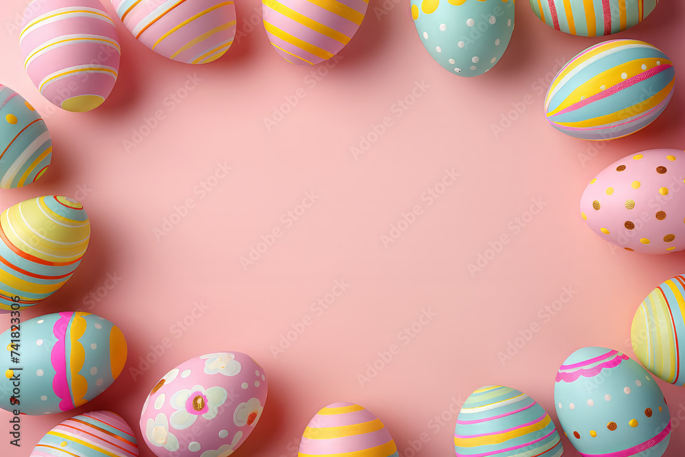 Easter card in round frame from Easter eggs against soft pink background with empty space in center