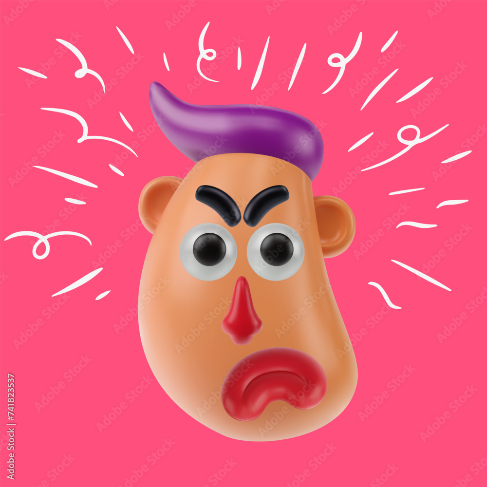 Fototapeta premium Funny cartoon head angry boy or men in realistic 3d style. Bright positive character design. Colorful vector illustration.