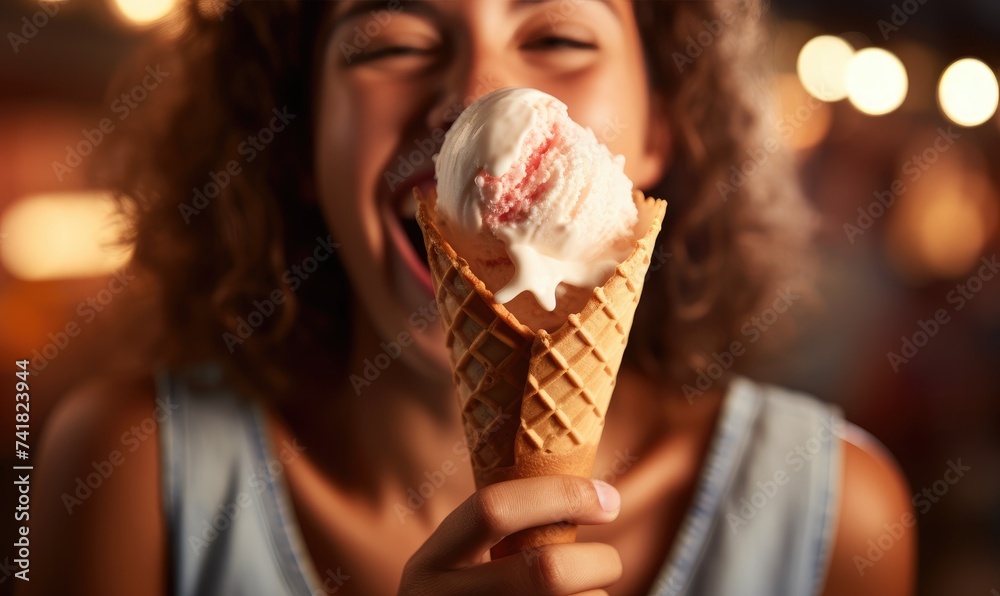 A happy, smiling, comical and funny girl is enjoying eating an ice-cream A happy, smiling, comical and funny girl is enjoying eating an ice-cream
