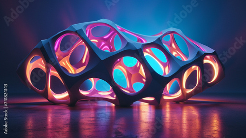 3d render of an abstract neon lit structure of interlocking geometric forms