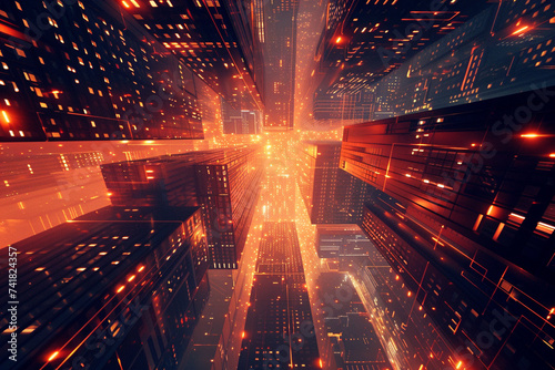 3d render of an infinite geometric skyline with luminous abstract buildings