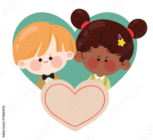  Cute couple  a girl and boy in the heart background. Heart shaped Valentine s Day card with kids characters. Vector illustration for greeting cards  banners  stickers  and invitations.