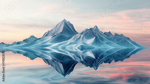 3d render of minimalist geometric mountains under a bold abstract sky