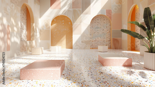 3d render of terrazzo and geometric patterned floor tiles in a minimalist boutique