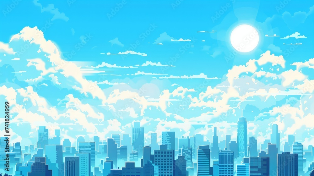A simplistic yet captivating flat cityscape under a clear blue sky dotted with white clouds