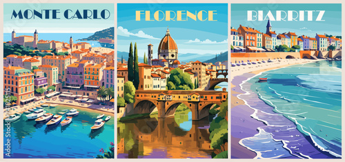 Set of Travel Destination Posters in retro style. Florence, Italy, Monte Carlo, Biarritz, France digital prints. European summer vacation, holidays concept. Vintage vector colorful illustrations photo