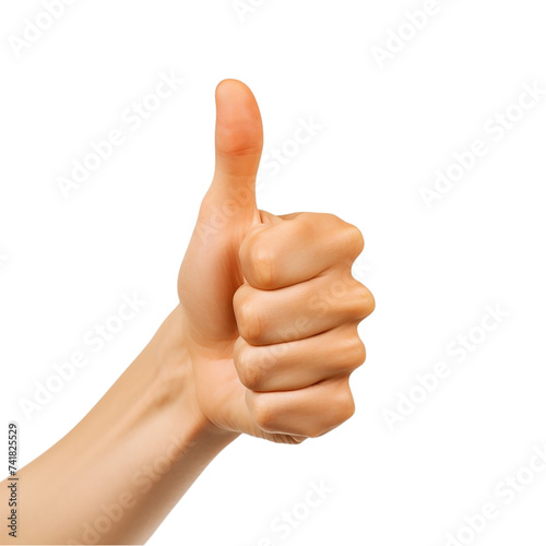 Human hand showing thumb up sign, isolated on transparent background.