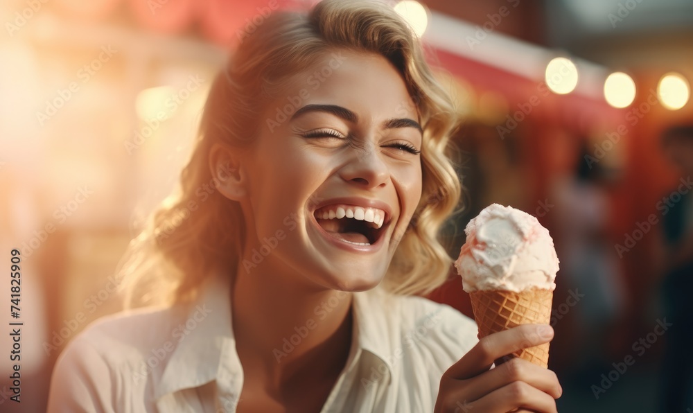 A happy, smiling, comical and funny girl is enjoying eating an ice-cream A happy, smiling, comical and funny girl is enjoying eating an ice-cream