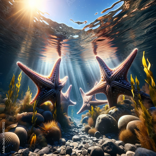 A photo of Starfish peering under the water, their heads emerging from a swim. The scene is beneath the surface where the water