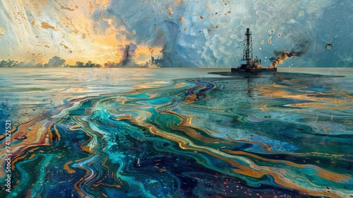 oil pollution marring the ocean's surface, creating a stark contrast and highlighting a critical environmental issue photo