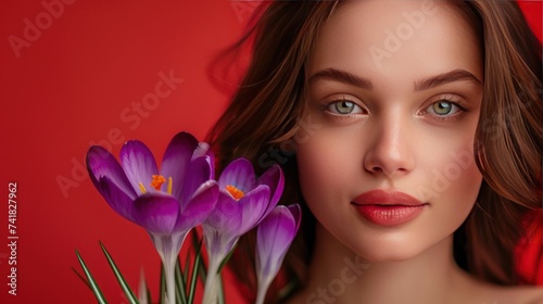 Beautiful female model with purple crocus flowers on red background in empty space AI generated image