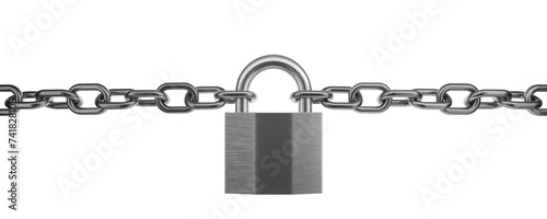 Metal chains closed with a padlock. Overlap, closure, denial. Gray metal chain and gray metal padlock. Lock concept. Encryption. 3D rendering. photo