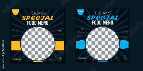 Set of social media post template. Blue social media design for ramadan kareem design.

Fast food social media post design template for restaurant, Super Delicious biryani,
 Square banner with purple 