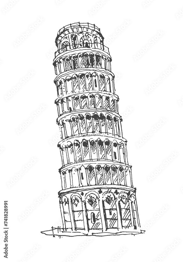 Sketch The Leaning Tower of Pisa Italy, hand drawing sketch, graphic illustration. Urban sketch in black color isolated on white background. Hand drawn travel postcard. Liner sketches architecture.