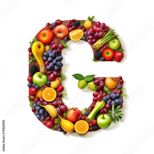 Alphabet of healthy food. Letter G made of many fruits. Red grape  citrus  berries  apple on white background