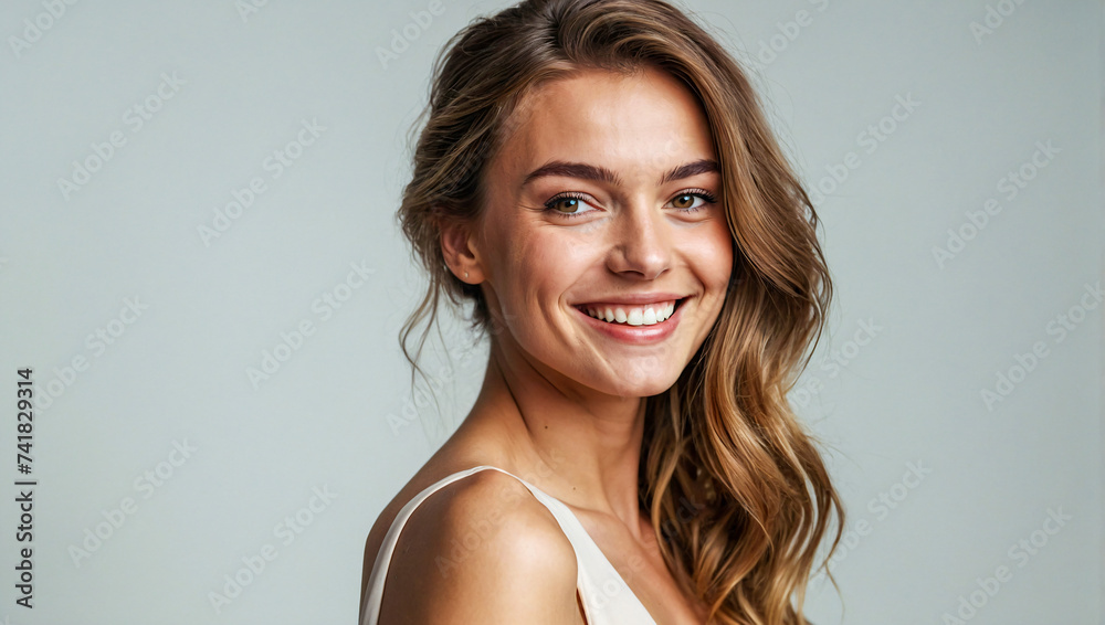 happy smiling beautiful woman in a elegant dress looking at the camera on a clean background - obrazy, fototapety, plakaty 
