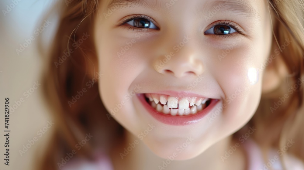 Closeup of Cute Child's Happy Smile with Bright White Teeth, Perfect for Pediatric Dentistry and Dental Care Concepts. Closeup of Cute Child's Happy Smile with Bright White Teeth, Perfect for Pediatric Dentistry and Dental Care Concepts.