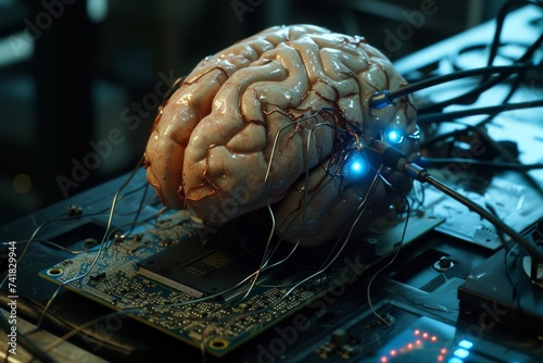 AI Brain Chip neurological mechanisms. Artificial Intelligence neuromorphic processor mind retrograde axonal transport axon. Semiconductor image circuit board healthtech advancement photo