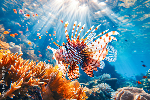 Vibrant Lionfish Swimming in Coral Reef.
