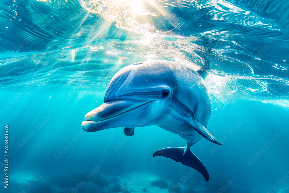 Fototapeta premium Smiling Dolphin Swimming in Sunlit Blue Water.