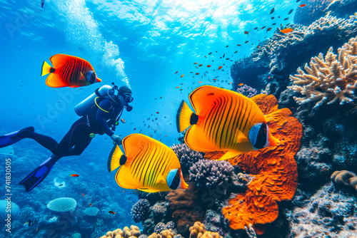 Scuba Divers Exploring Tropical Coral Reef.