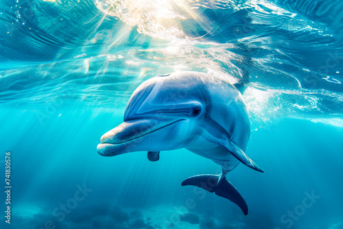 Smiling Dolphin Swimming in Sunlit Blue Water. © NORN