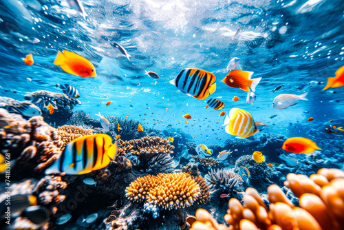 Tropical Fish Swimming Over Coral Reef.