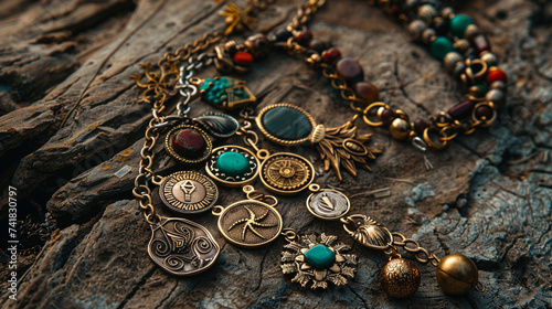 Photography of a charm bracelet telling the story of ones travels with unique symbols photo
