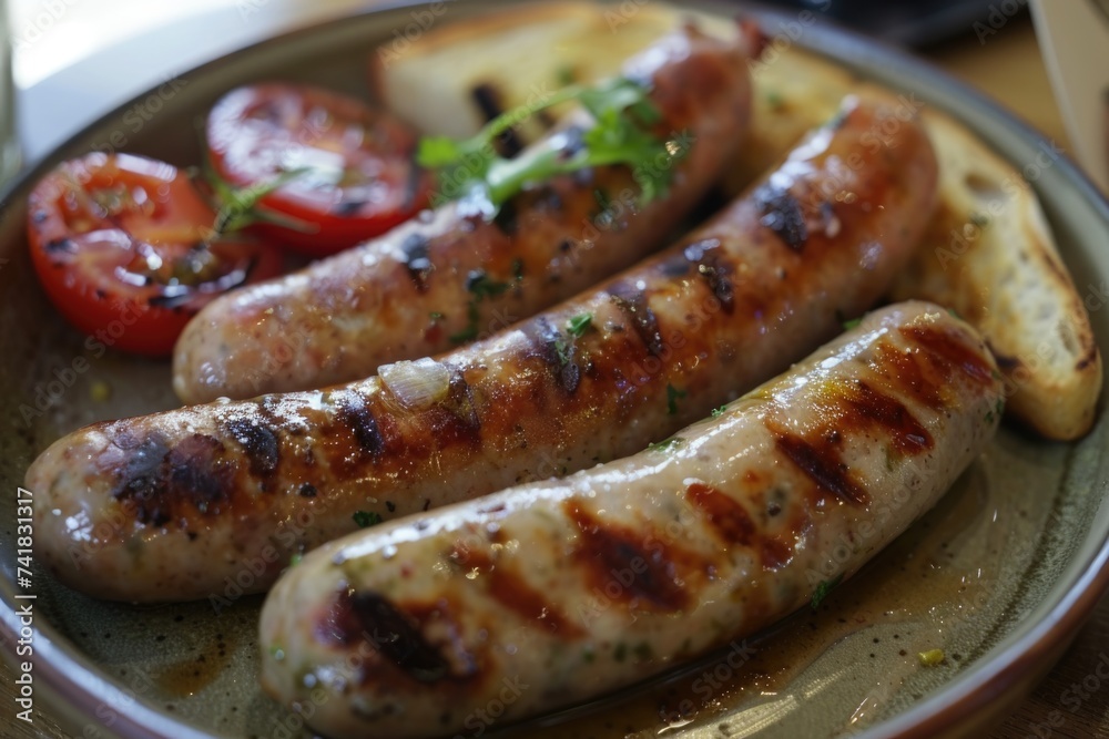 Grilled sausages with roasted tomatoes on a plate Grilled sausages with roasted tomatoes on a plate