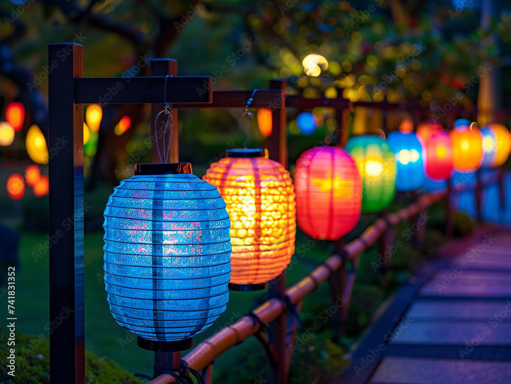 Fototapeta premium Photography of a series of colorful glowing lanterns in a nighttime setting