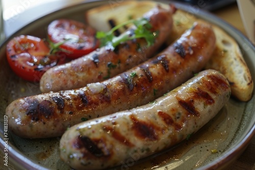 Grilled sausages with roasted tomatoes on a plate