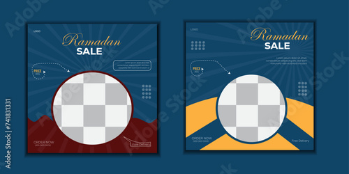 Set of social media post template. Blue social media design for ramadan kareem design.

Fast food social media post design template for restaurant, Super Delicious biryani,
 Square banner with purple 