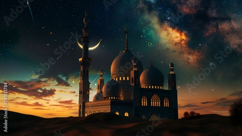 Mosque in the desert with a starry sky. 3d render