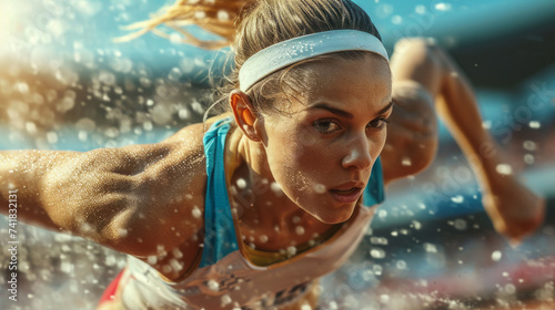Intense moment of a female athlete captured mid action, surrounded by a dynamic splash of water