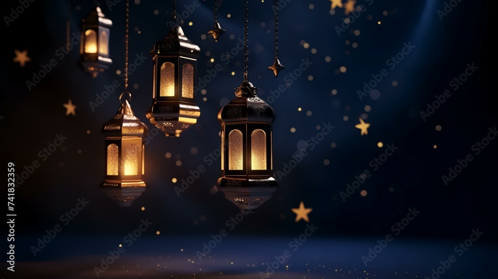 Ramadan Kareem's background with golden lanterns and stars. 3d rendering Ramadan Kareem's background with golden lanterns and stars. 3d rendering