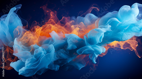 Vibrant and abstract background featuring fluid art. Trendy neon gradient in orange with blue. A stylish backdrop for websites, postcards, and notebooks. Mainly in gold and black colors. photo