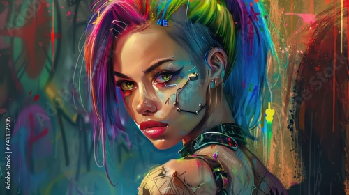 Punk style woman's face model with colorful hair with tattoo wallpaper AI generated image © harkamat