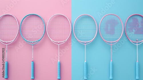 Symmetrical arrangement of pink and blue badminton rackets on a split background